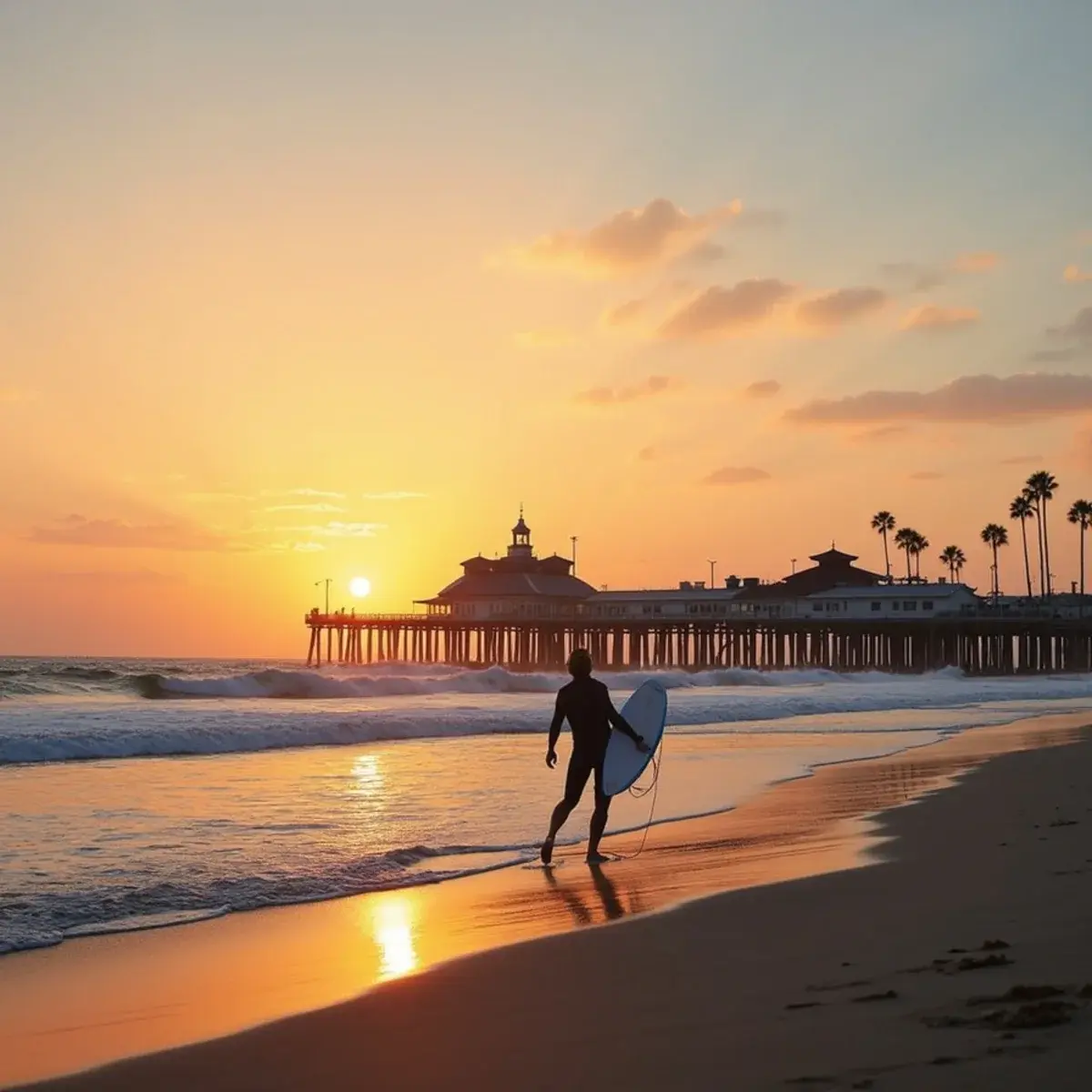Flights to Orange County: Orange County Newport Beach pier with surfers and the harbor at sunset