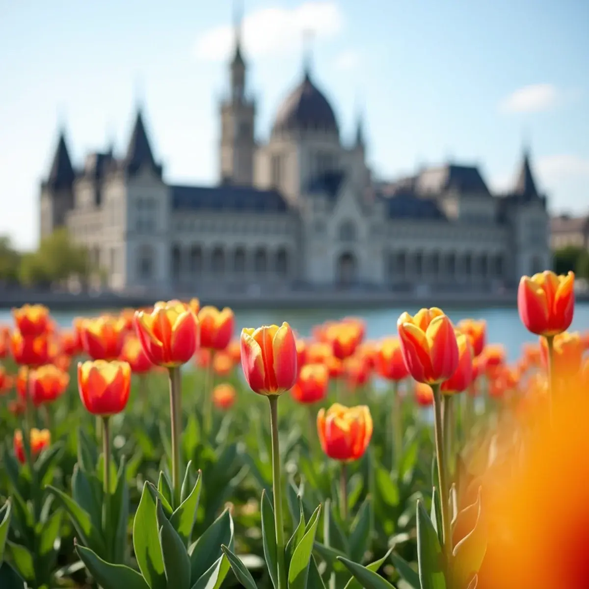 Flights to Ottawa Macdonald-Cartier International Airport (YOW): Ottawa Parliament Hill above the Rideau Canal with tulips in bloom