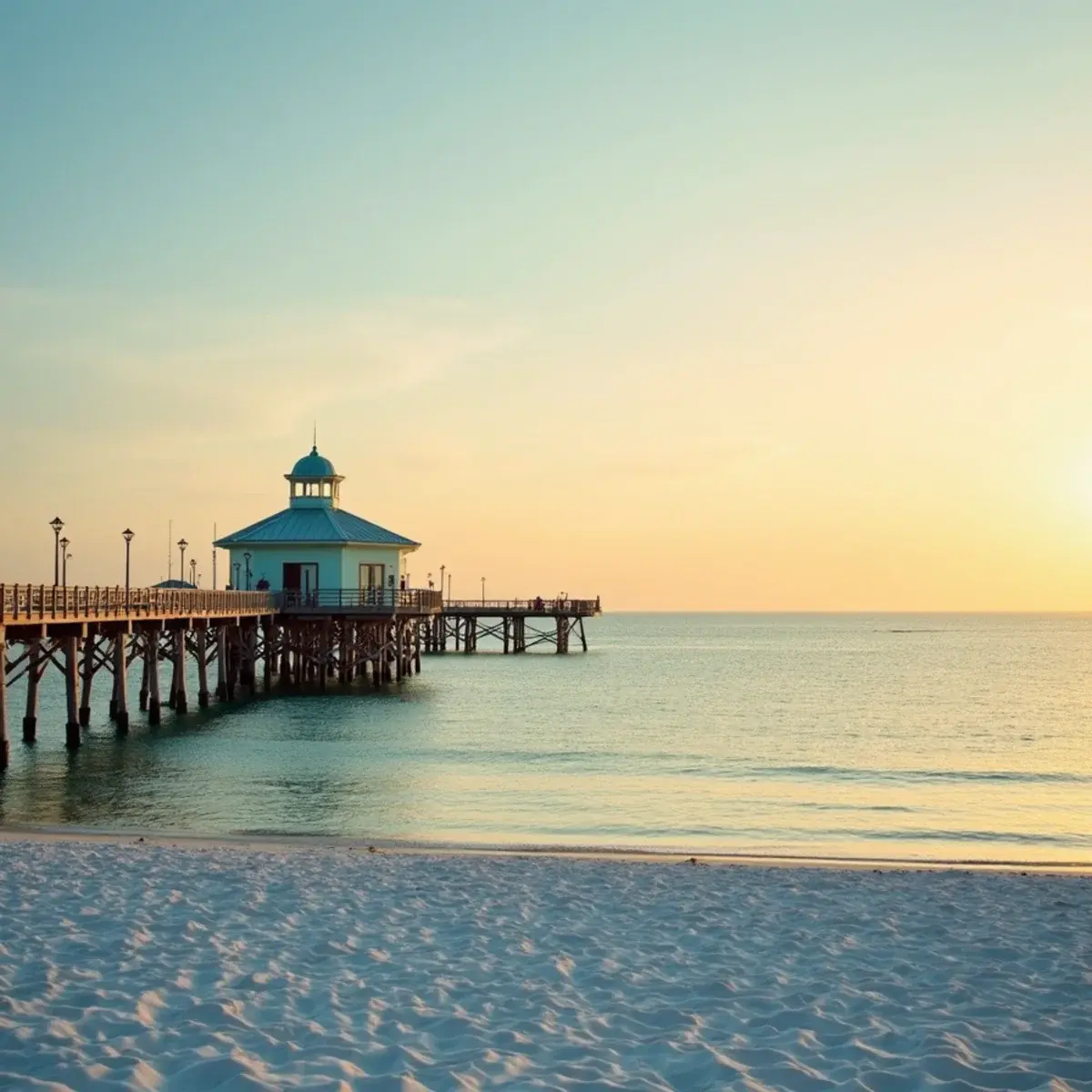 Flights to Panama City Beach: Panama City Beach emerald coast pier at sunrise with white sand and calm Gulf water