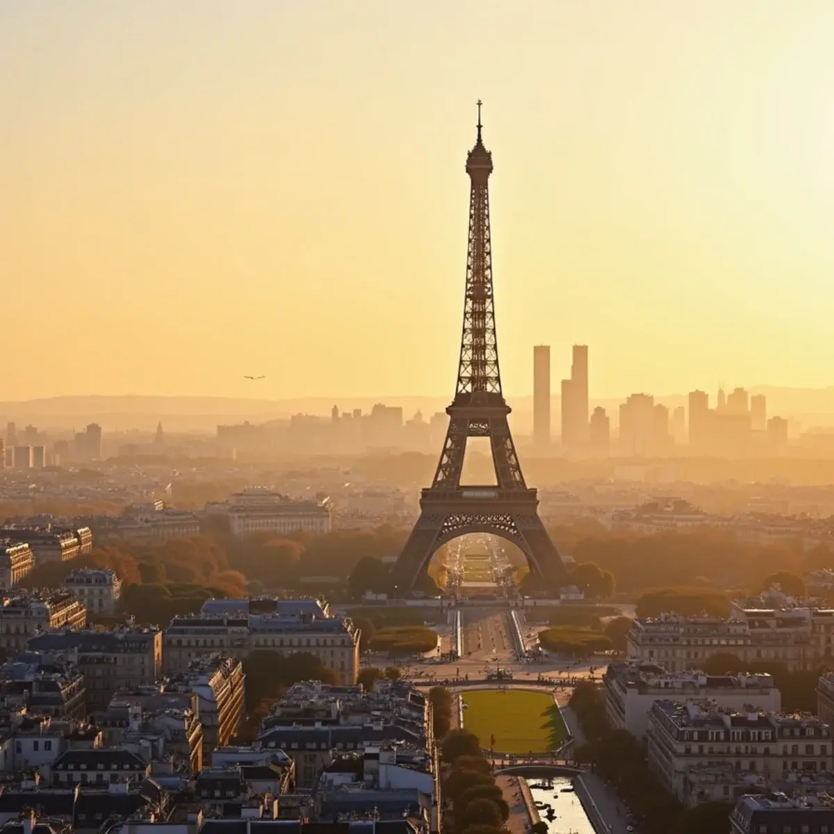 Flights to Charles de Gaulle International Airport (CDG): Paris Eiffel Tower from the Trocadéro at golden hour with Haussmann rooftops