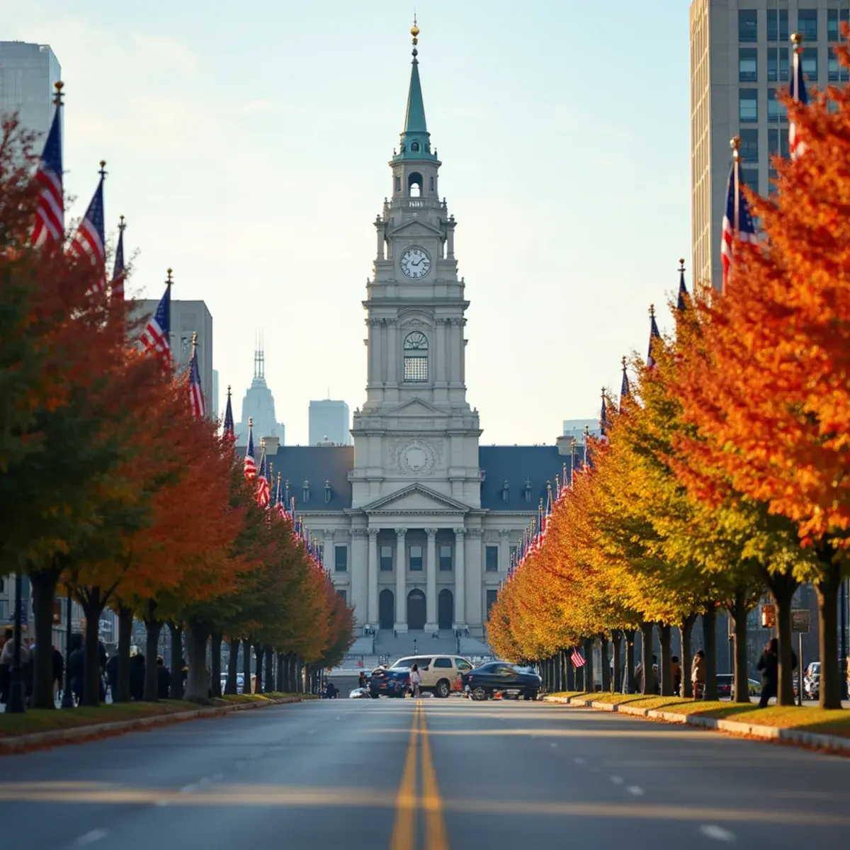 Flights to Philadelphia: Philadelphia City Hall and Benjamin Franklin Parkway with flags and autumn trees, afternoon light