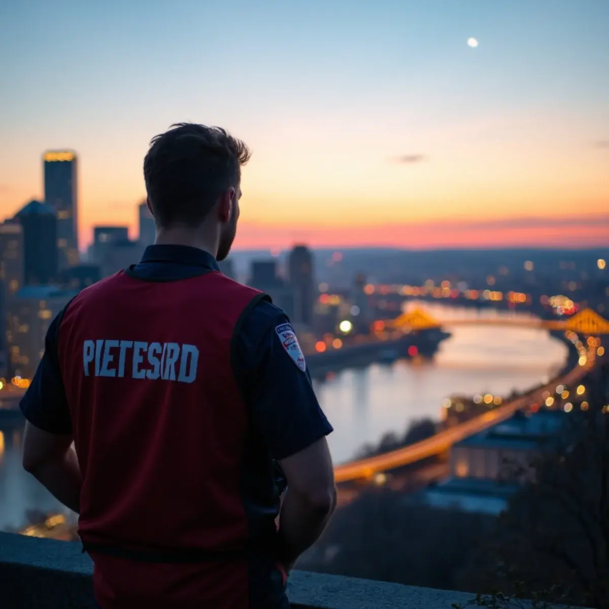 Flights to Pittsburgh: Pittsburgh skyline from Mount Washington with the three rivers and yellow bridges at dusk