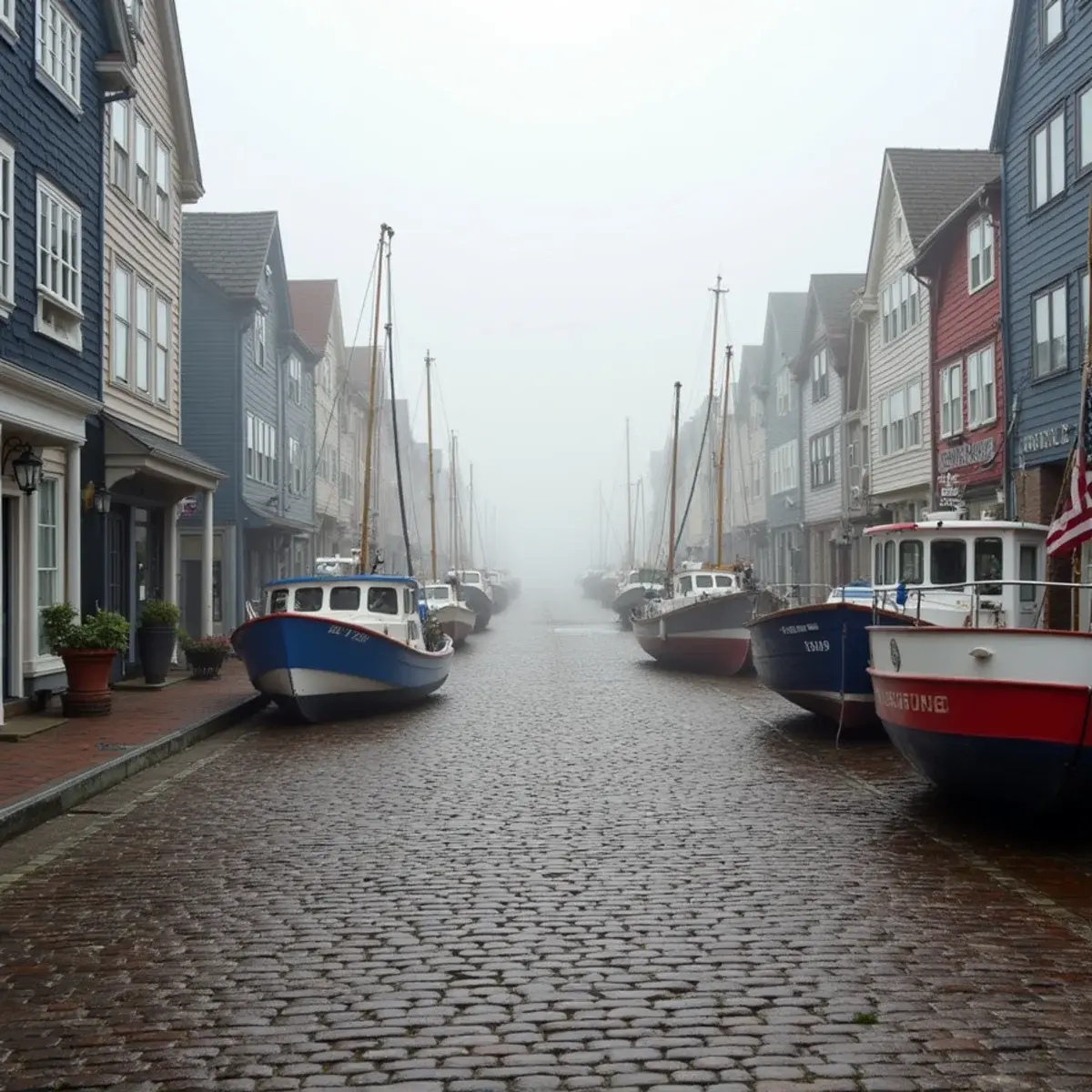 Flights to Portland: Portland, Maine Old Port cobblestone street with lobster boats in the harbor, morning fog lifting