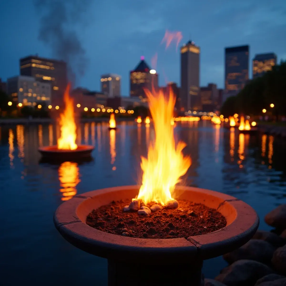 Flights to Providence: Providence WaterFire braziers on the river with the downtown skyline at dusk