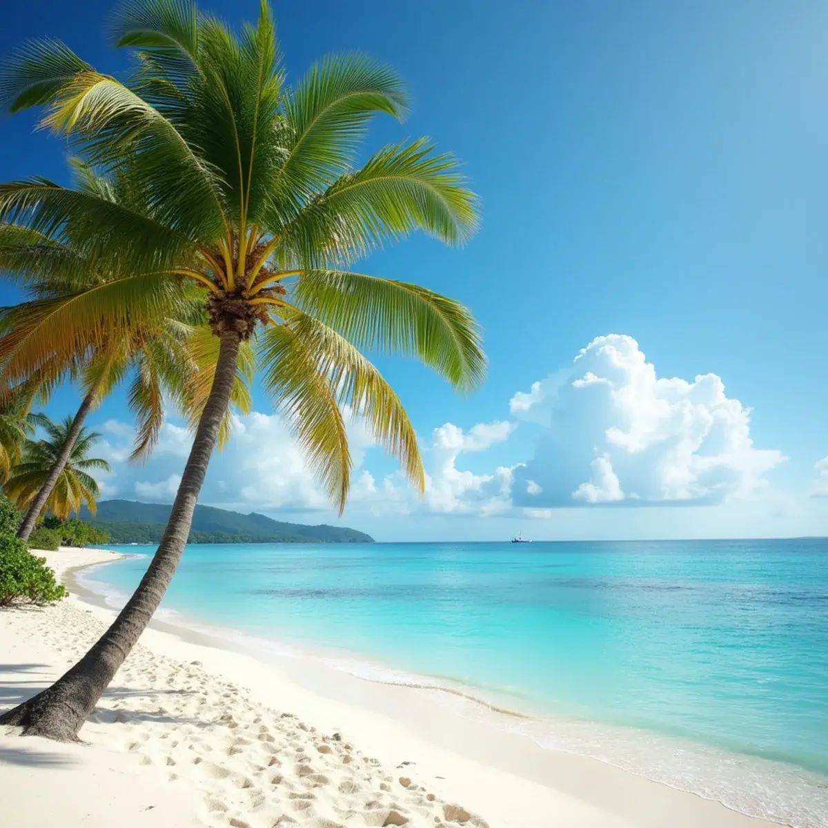 Flights to Punta Cana International Airport (PUJ): Punta Cana Bávaro Beach coconut palms leaning over white sand and calm turquoise water
