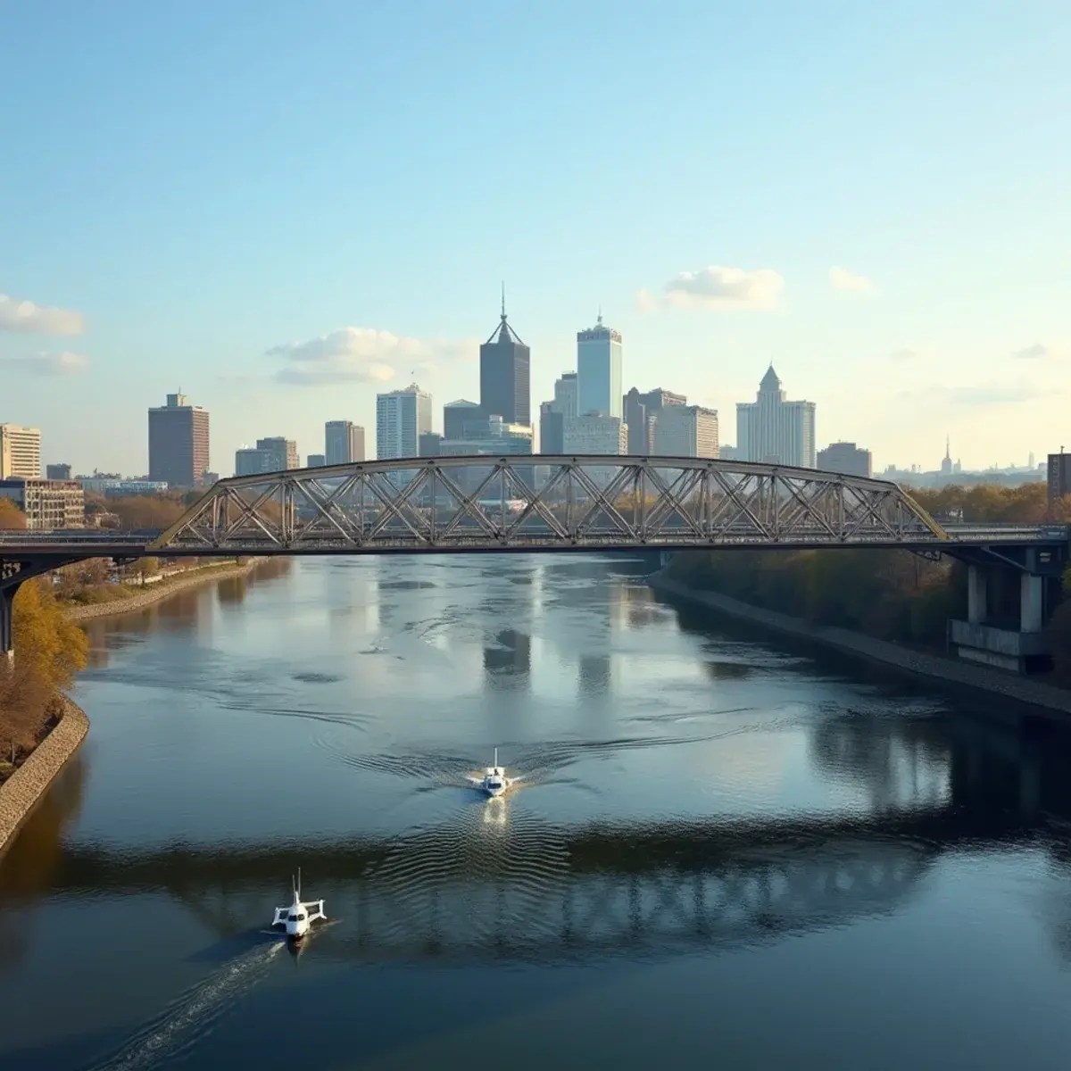 Flights to Richmond: Richmond Virginia skyline over the James River rapids with Belle Isle footbridge