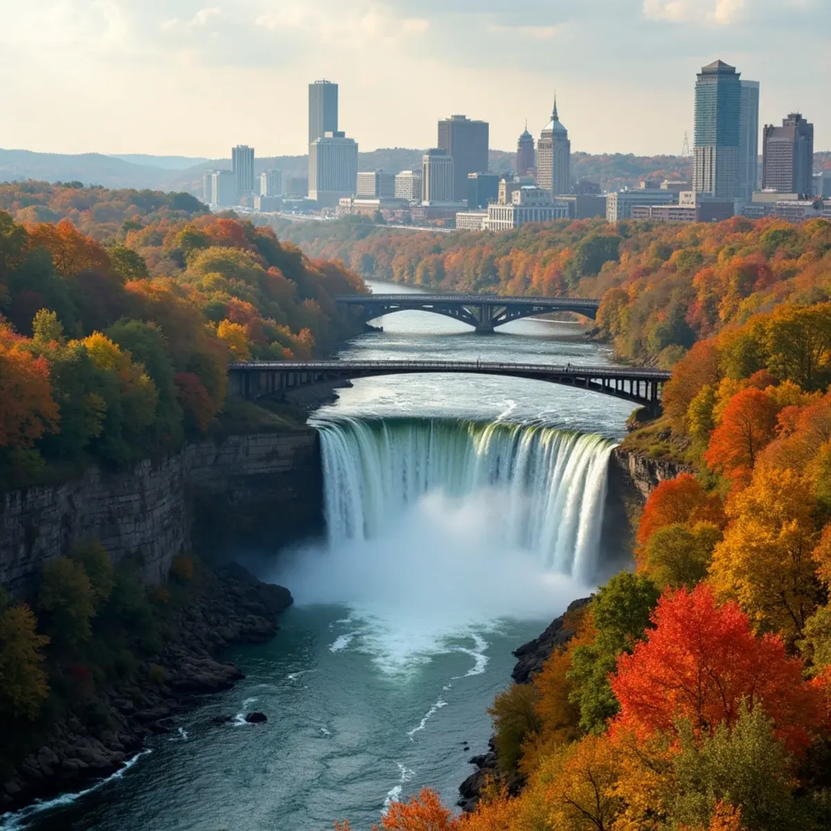 Flights to Rochester: Rochester High Falls with the Genesee River gorge and downtown beyond, autumn colors