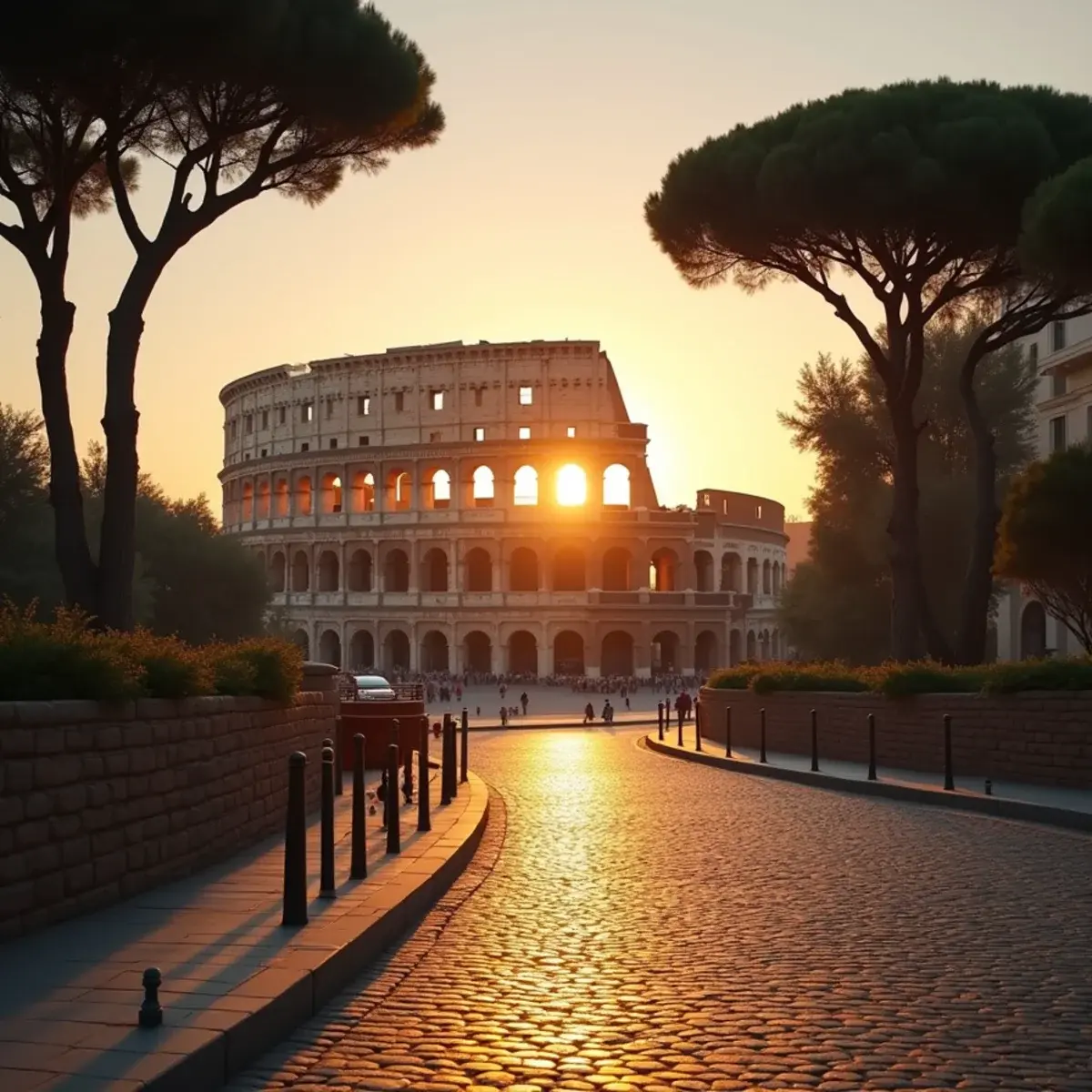 Flights to Leonardo da Vinci–Fiumicino Airport (FCO): Rome Colosseum at sunrise with umbrella pines and a quiet cobblestone street
