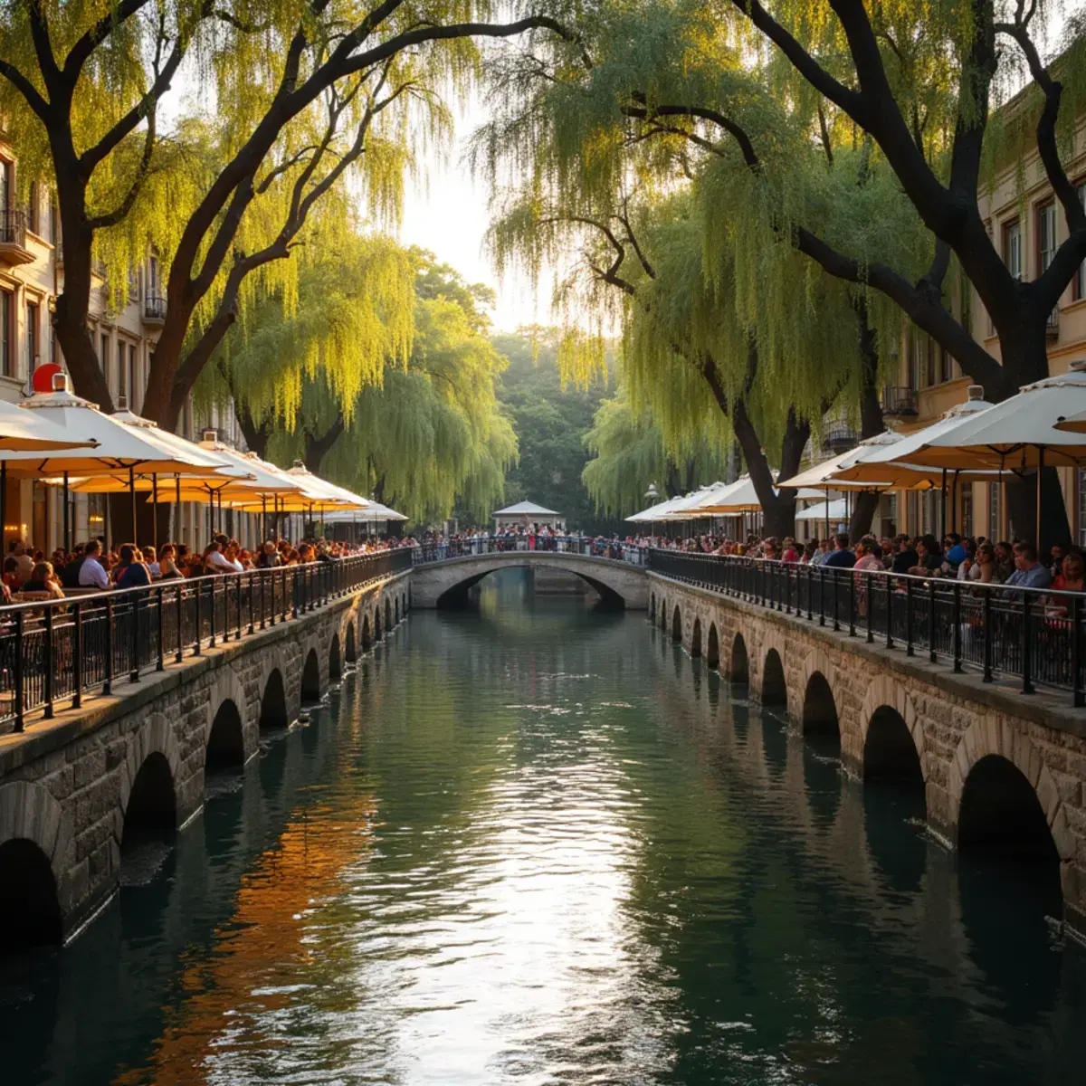 Flights to San Antonio: San Antonio River Walk with cypress trees, stone bridges, and cafe umbrellas, warm evening