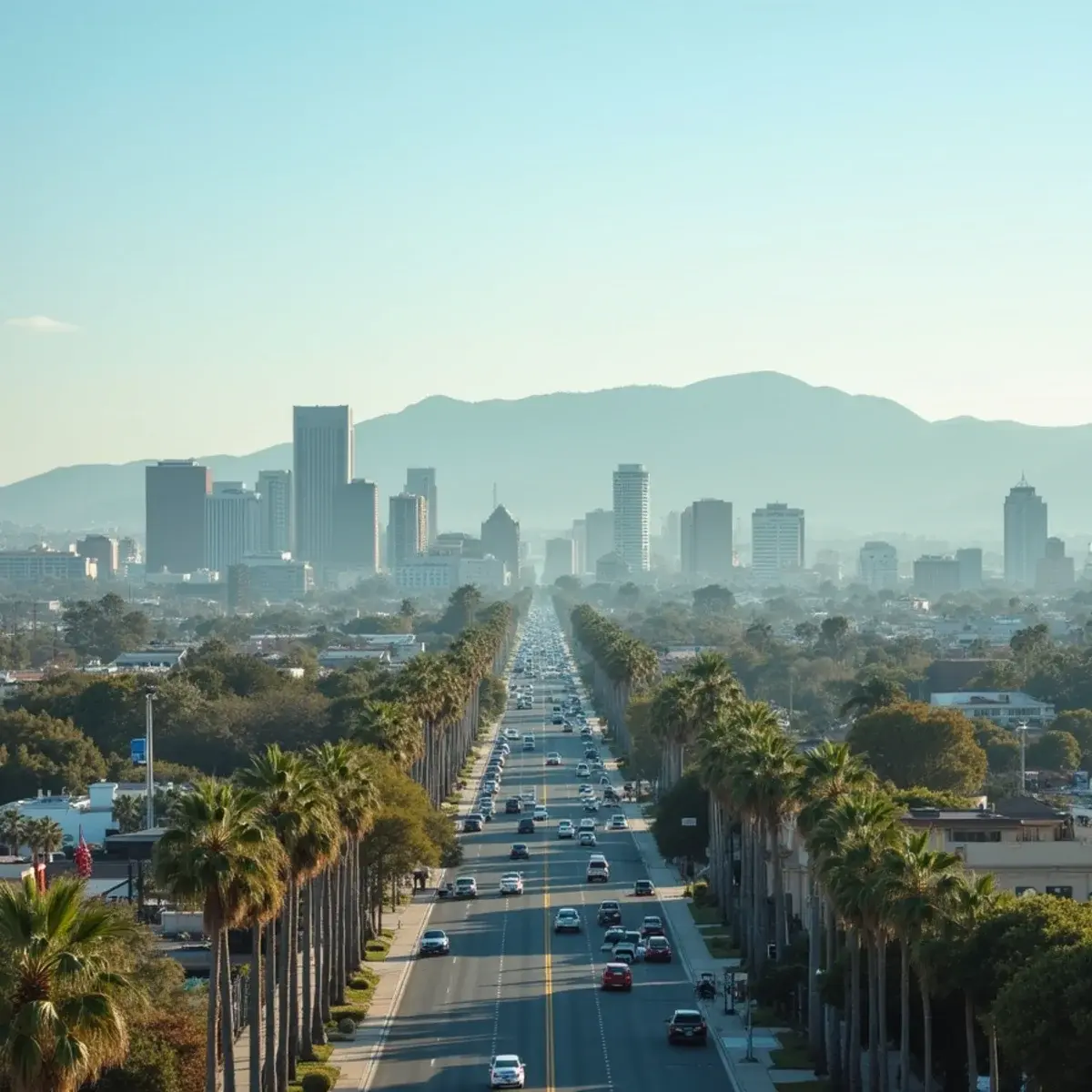 Flights to San Jose: San Jose downtown with palm trees and Silicon Valley foothills in the background, clear morning