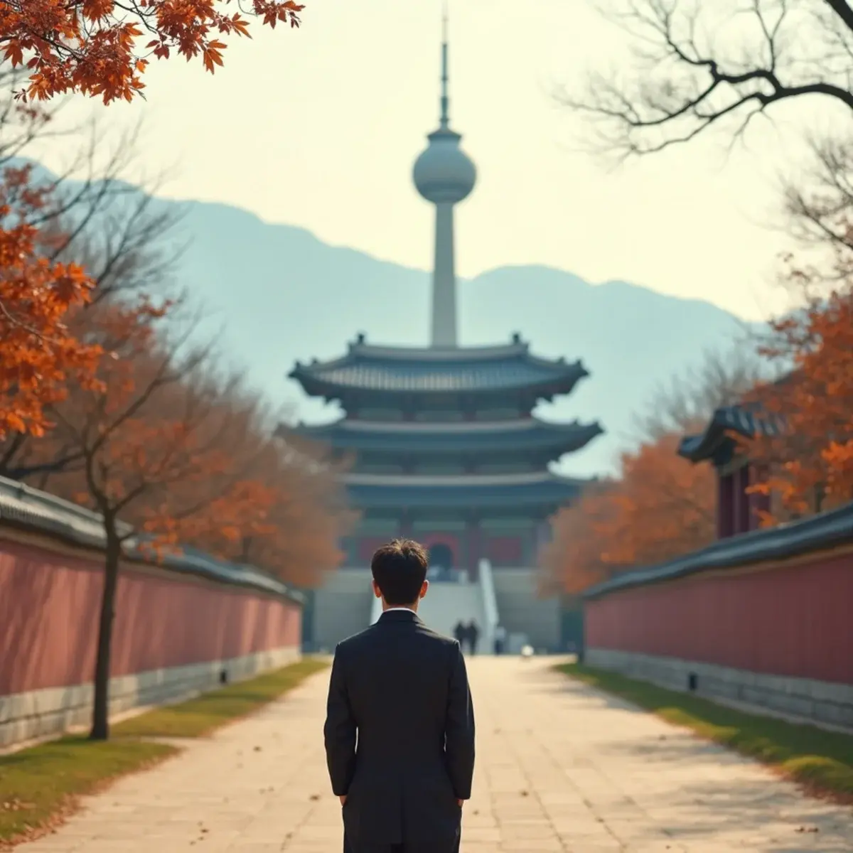 Flights to Incheon International Airport (ICN): Seoul Gyeongbokgung Palace with the N Seoul Tower on Namsan behind, autumn leaves