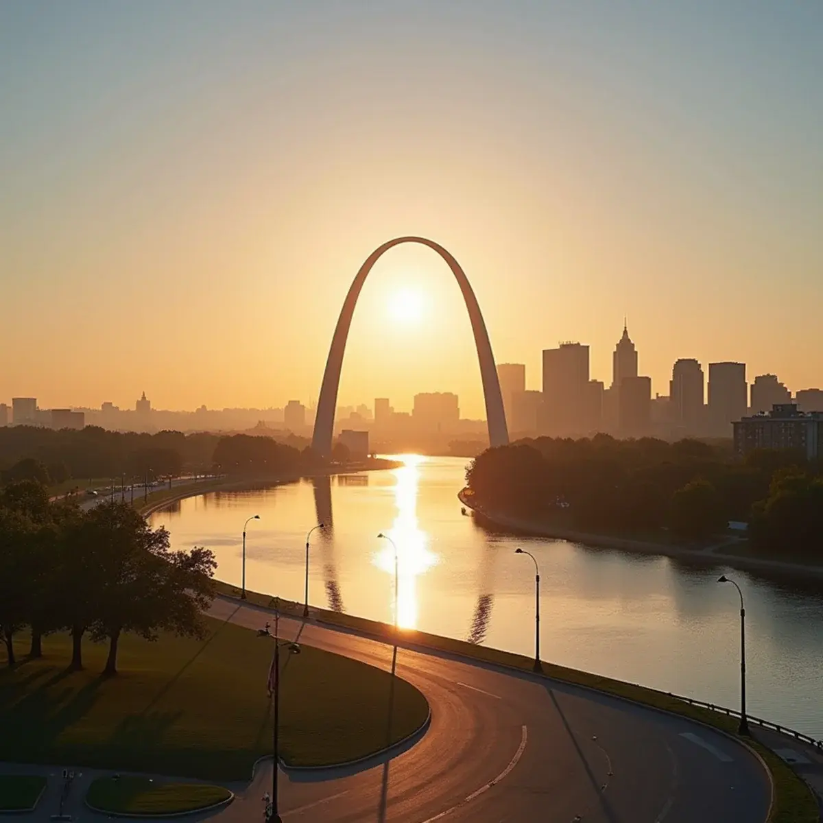 Flights to St. Louis: St. Louis Gateway Arch reflected in the Mississippi at sunrise, riverfront park