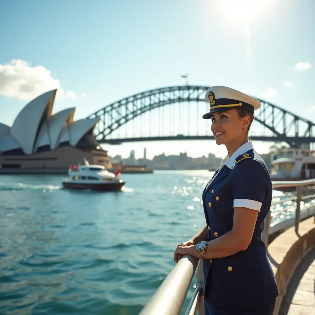 Flights to Sydney Kingsford Smith International Airport (SYD): Sydney Opera House and Harbour Bridge from Circular Quay, bright morning, ferries