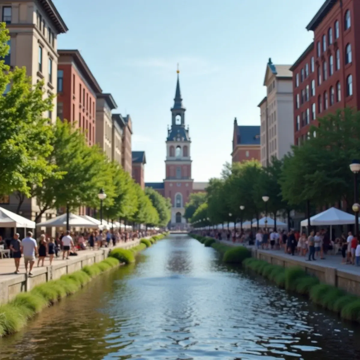 Flights to Syracuse: Syracuse Clinton Square with historic buildings and Onondaga Creek, summer festival day