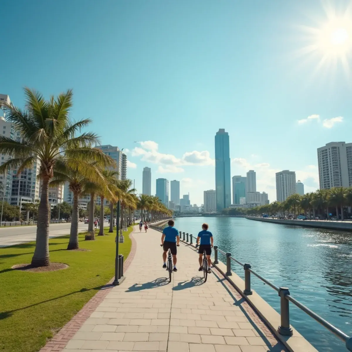 Atlanta to Tampa: Tampa Riverwalk with the skyline and a sunny Hillsborough River, palms and cyclists