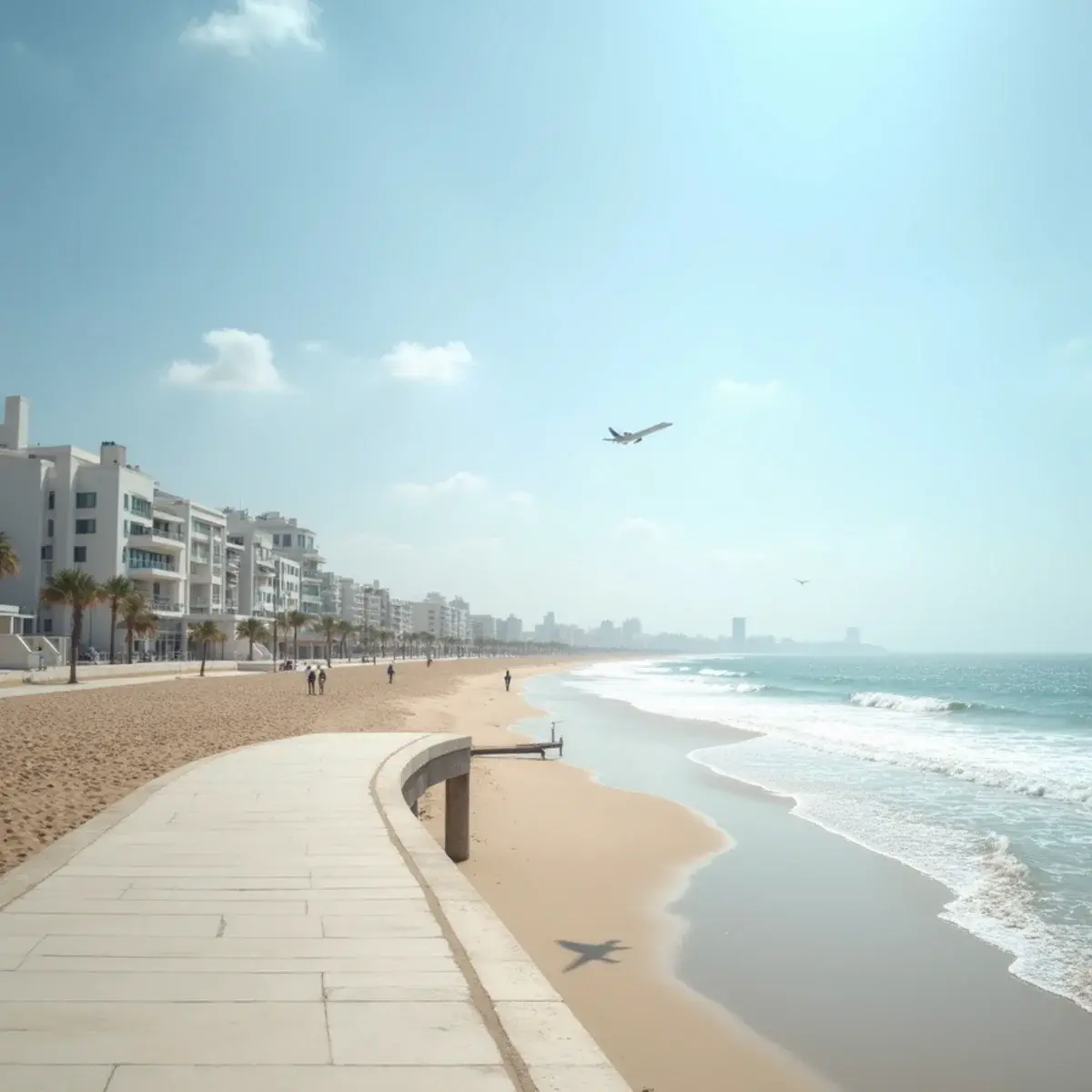 Flights to Ben Gurion International Airport (TLV): Tel Aviv beachfront promenade with white Bauhaus buildings and Mediterranean surf