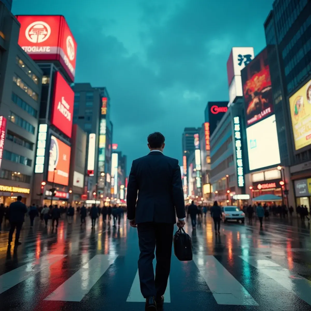 Flights to Narita International Airport (NRT): Tokyo Shibuya crossing at dusk with neon signs and crowds, rainy reflections