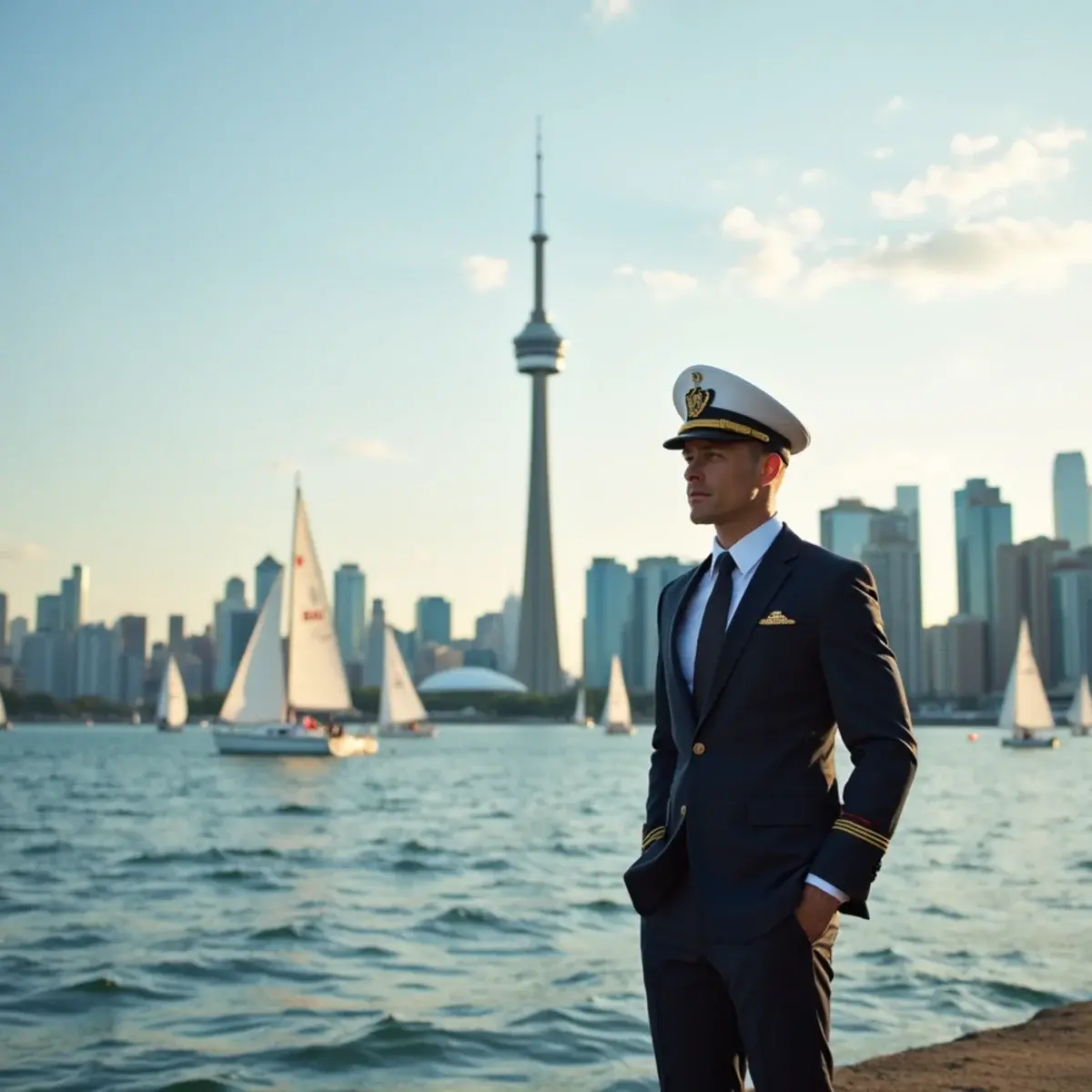 Flights to Toronto: Toronto skyline with the CN Tower from the Harbourfront, sailboats, summer evening