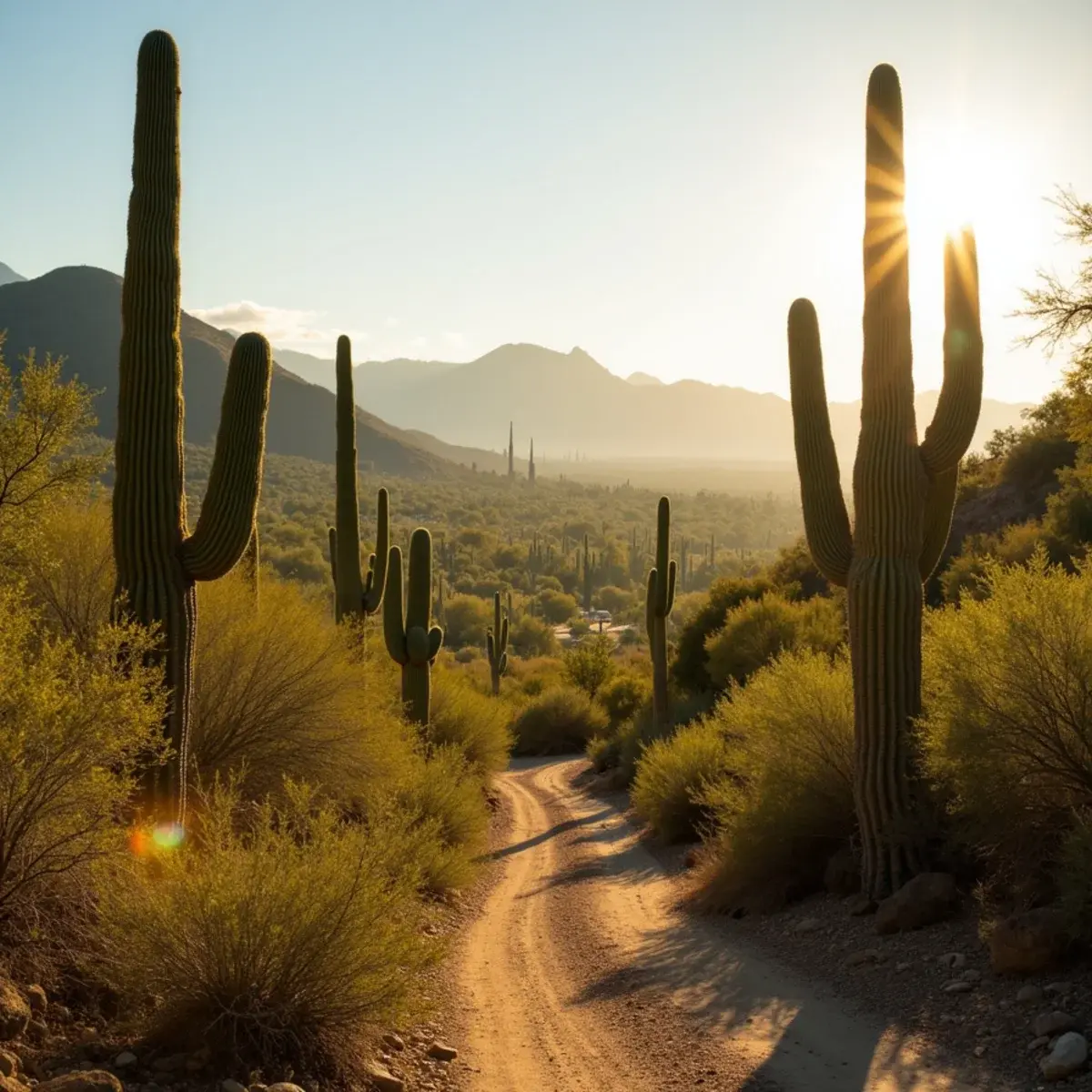 Flights to Tucson: Tucson saguaro forest at Sabino Canyon with the Catalina Mountains, golden desert light