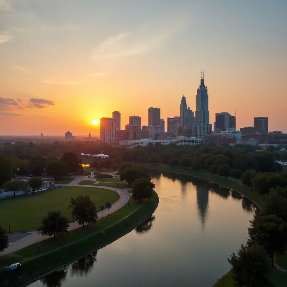 Flights to Tulsa: Tulsa art deco skyline with the Arkansas River and Gathering Place park at sunset