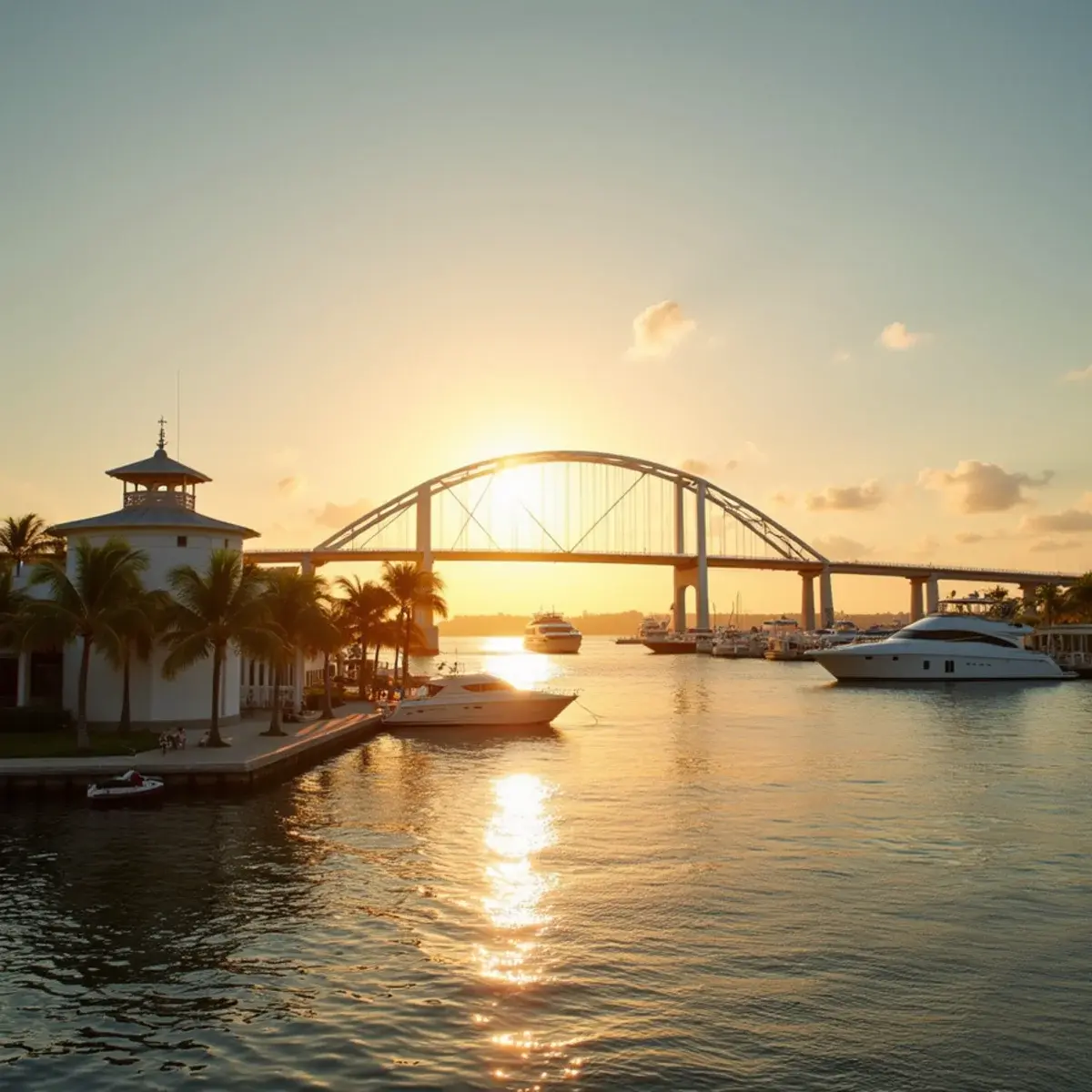 Flights to West Palm Beach: West Palm Beach waterfront with royal palms, yachts, and the Flagler Bridge at golden hour