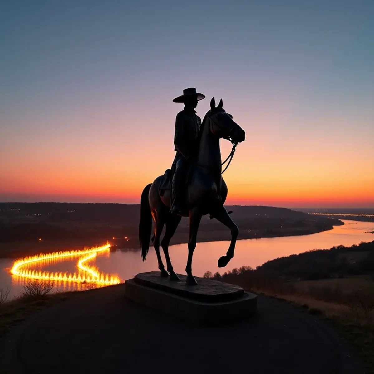 Flights to Wichita Eisenhower National Airport (ICT): Wichita Keeper of the Plains statue at dusk with the Arkansas River and ring of fire