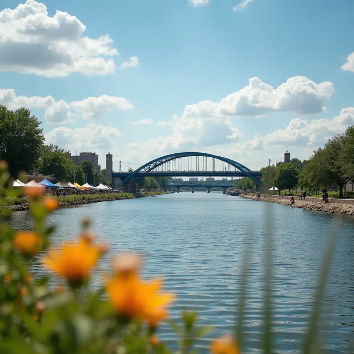Cheap flights to Winnipeg: Winnipeg The Forks riverside market with the Esplanade Riel bridge, summer
