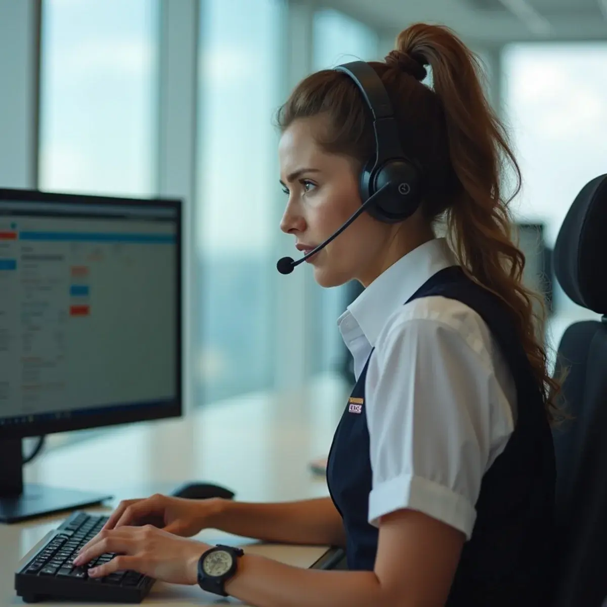 How a Travel Agent Finds a Cheaper Fare: The Seven Checks: a travel agent with a headset comparing two itineraries on dual monitors, candid, daylight
