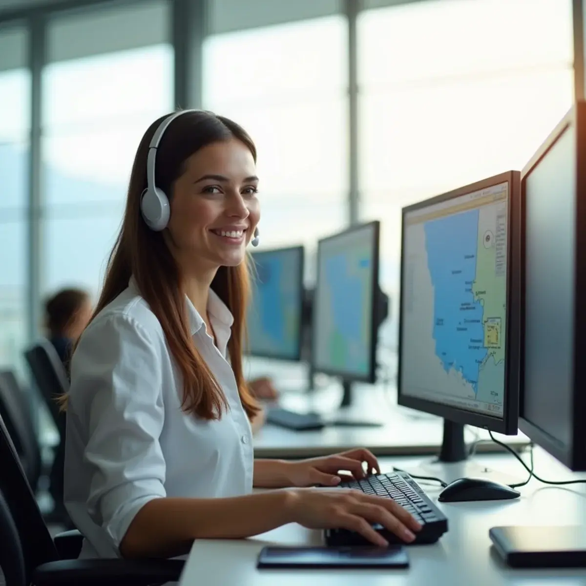 WarBird Flight agents book flights by phone: a friendly travel agent wearing a headset at a bright modern call-center desk, smiling mid-conversation, dual monitors showing a flight map, morning light through large windows