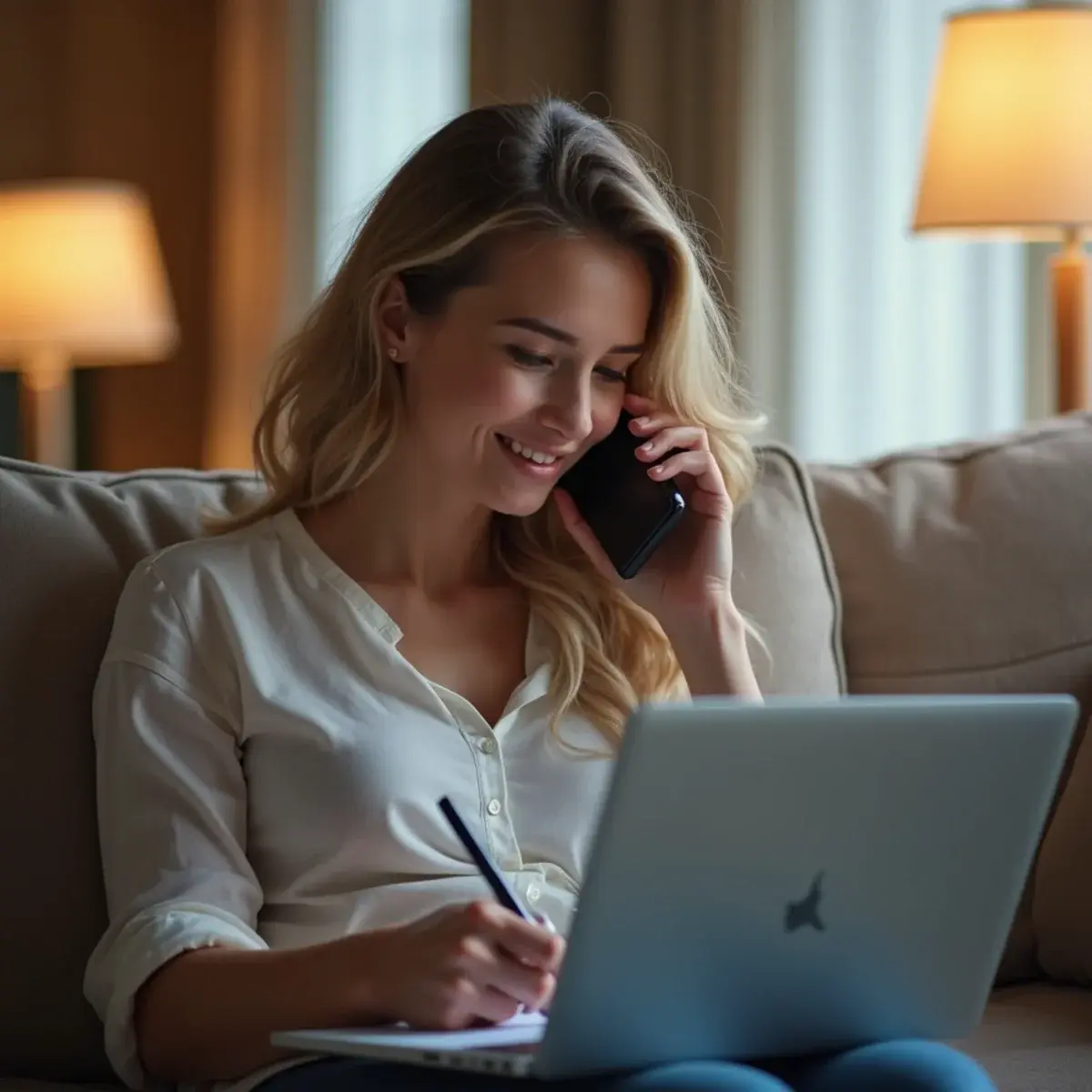 Booking a flight by phone from home: a woman on a sofa holding a phone to her ear and writing a confirmation code on a notepad, laptop open with a flight search, warm living-room light