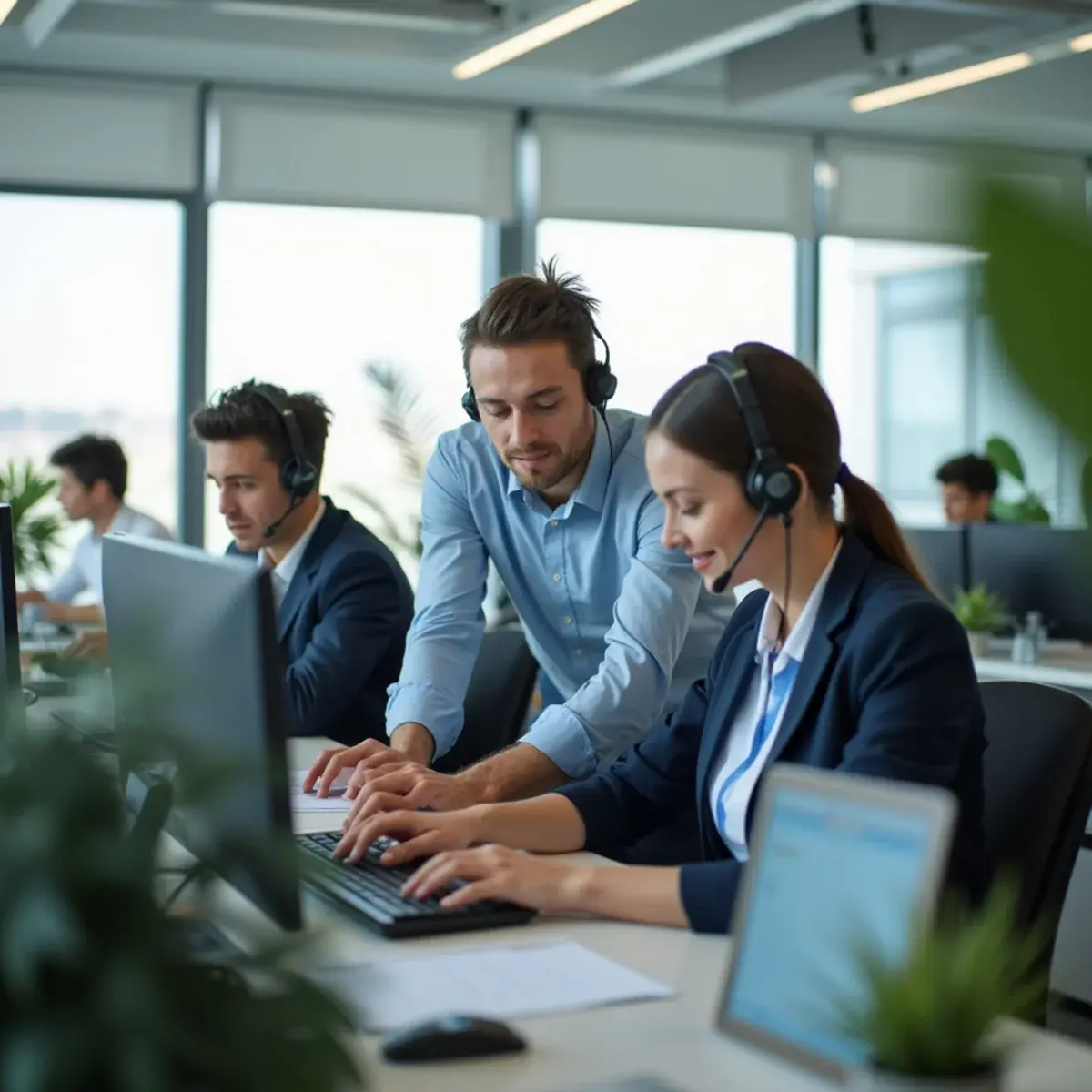 Licensed travel agents answering calls 24/7: a small team of travel agents at a row of desks with headsets, one standing to help a colleague, plants and daylight, candid working moment
