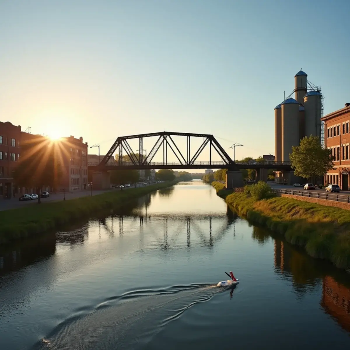 Flights to Flint: Midwestern river city with a steel truss bridge, grain silos, and downtown brick buildings, summer evening