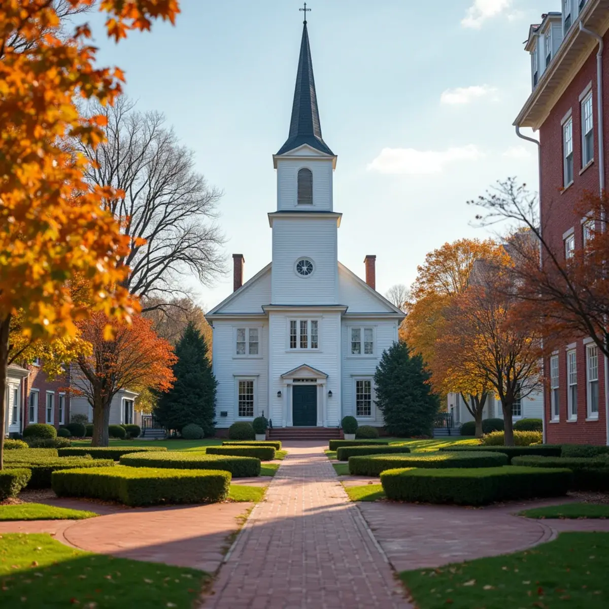 Flights to Worcester: New England town common with a white church steeple, brick buildings, and autumn foliage
