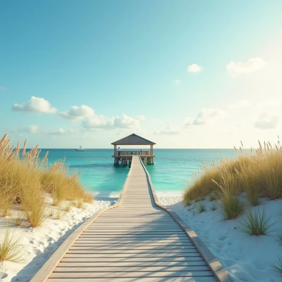 Flights to Orlando Sanford: Gulf Coast beach town with a wooden pier, sea oats on white dunes, and calm turquoise water at sunrise