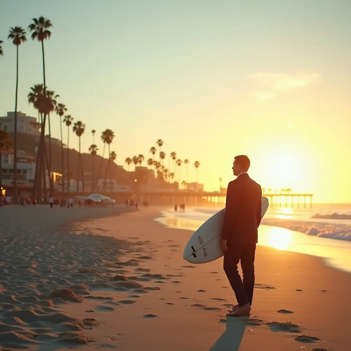Flights to Lihue: Southern California coastal town with a palm-lined beach, surfboards, and a pier at golden hour