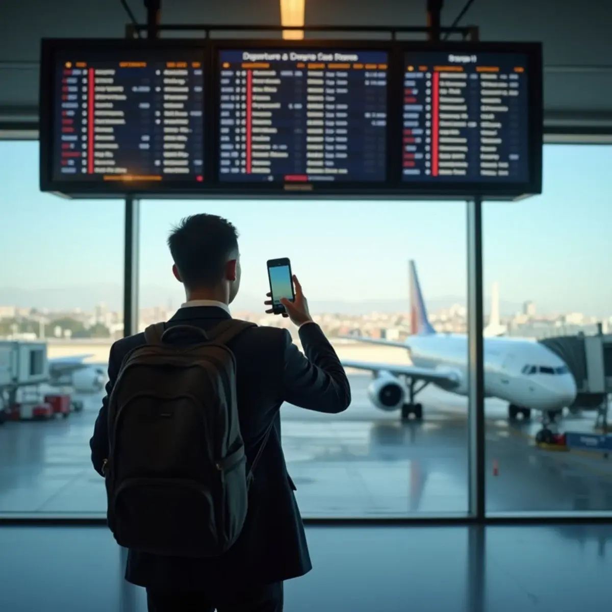 Flight Date and Time Changes: a traveler at an airport gate on the phone, looking at a departures board showing a delayed flight