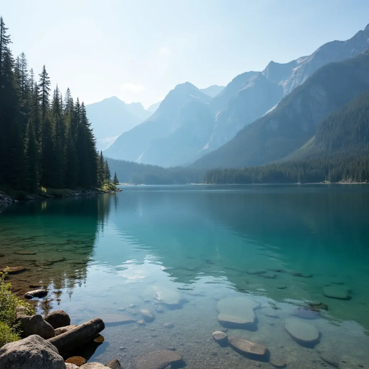 Flights to British Columbia: British Columbia Whistler mountain lake with evergreens and peaks