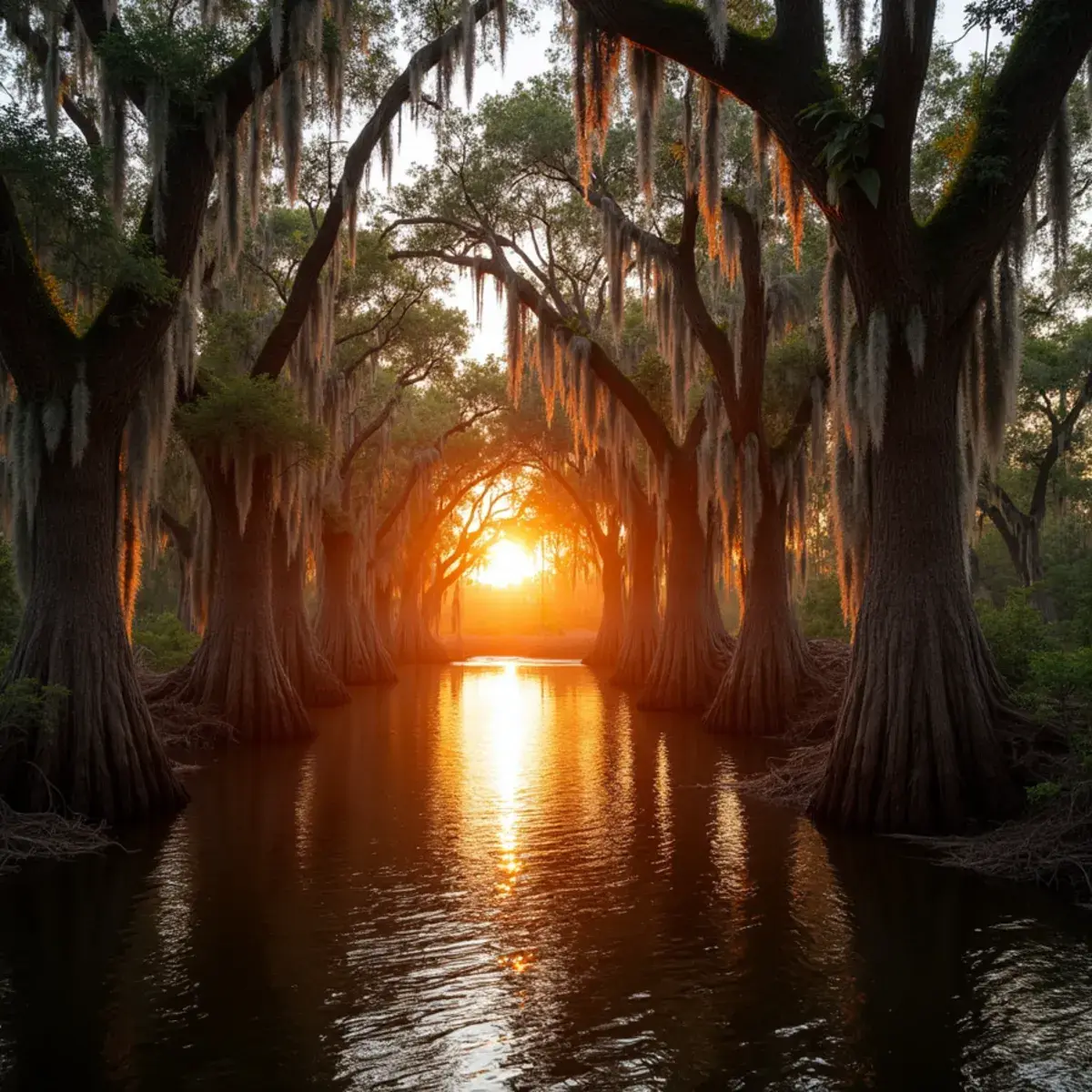 Flights to Louisiana: Louisiana bayou cypress trees with Spanish moss at sunset