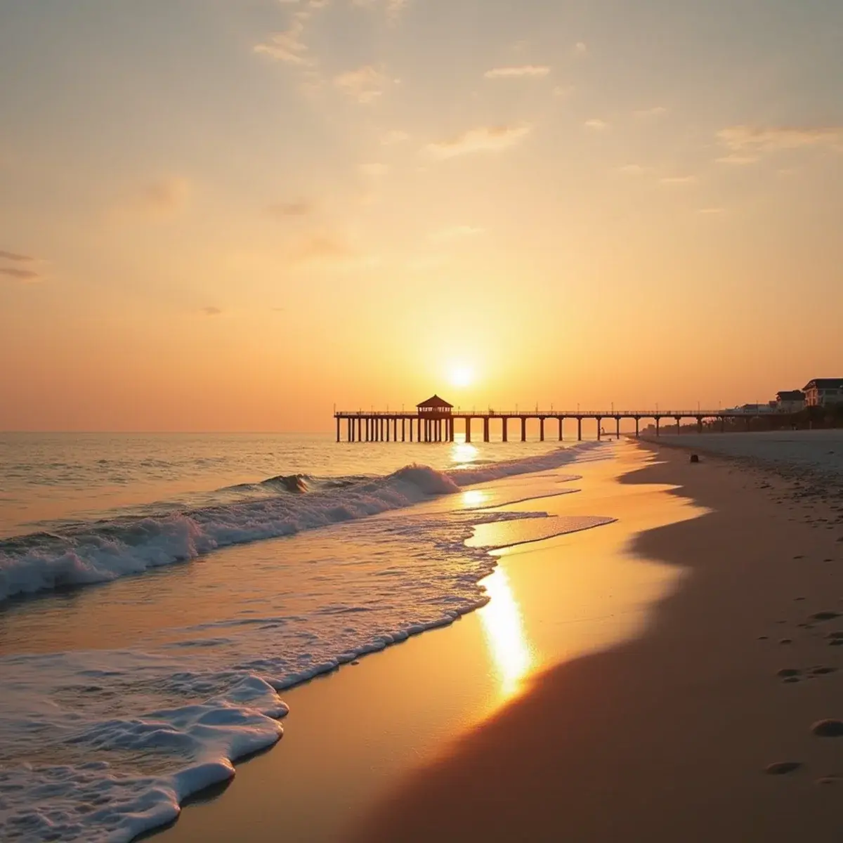 Flights to Mississippi: Mississippi Gulf Coast beach with a pier at sunset