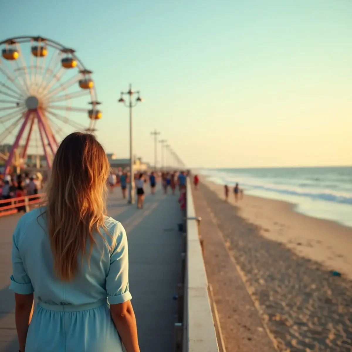 Flights to New Jersey: New Jersey shore boardwalk with a Ferris wheel and Atlantic beach, summer evening