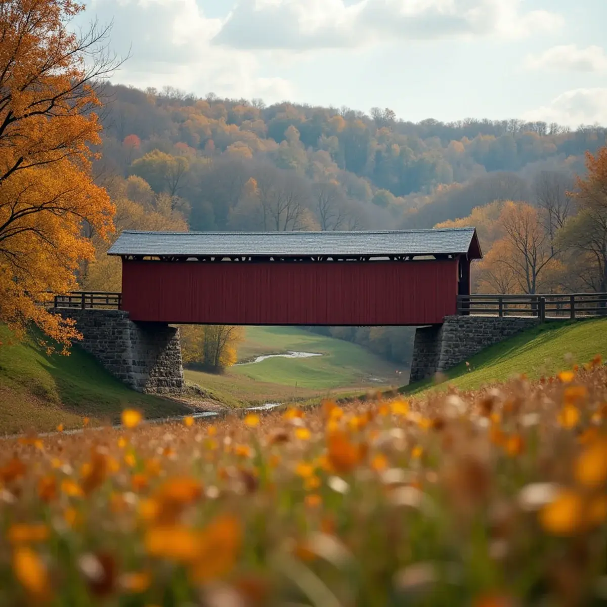Flights to Pennsylvania: Pennsylvania covered bridge in Lancaster farmland, autumn