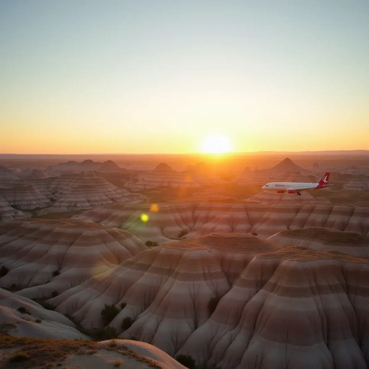 Flights to South Dakota: South Dakota Badlands striped buttes at golden hour