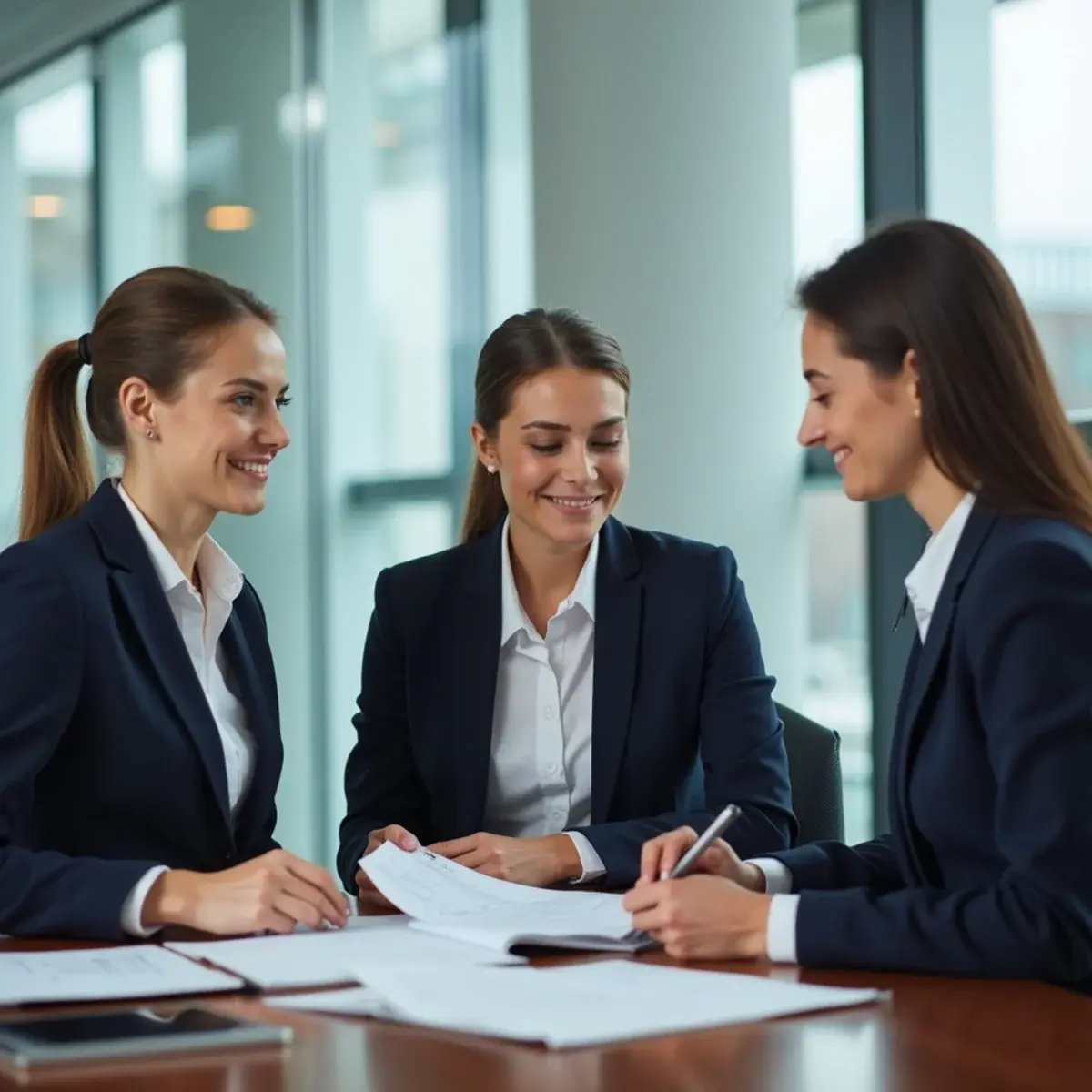 WarBird Flight travel agents reviewing an itinerary: three travel agents in plain professional workwear reviewing an itinerary together at a desk, candid, daylight