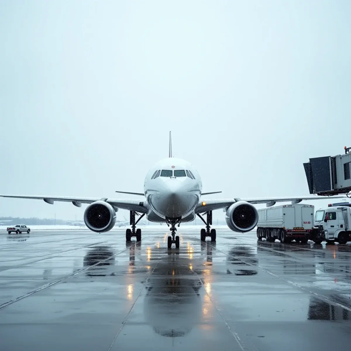 Air Canada flights: a jet at a Toronto gate in winter with light snow and de-icing trucks, plain livery