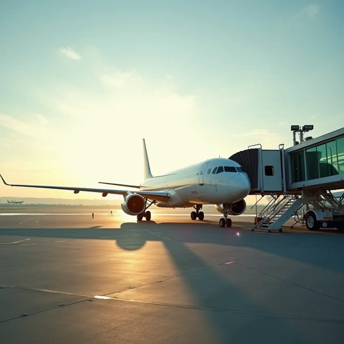Air France flights: a jet at a Paris airport gate with a glass terminal and morning sun, plain livery