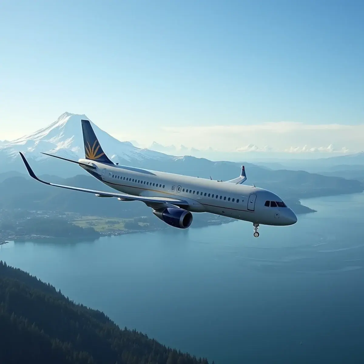 Alaska Airlines flights: a jet climbing above Puget Sound with Mount Rainier behind, plain livery