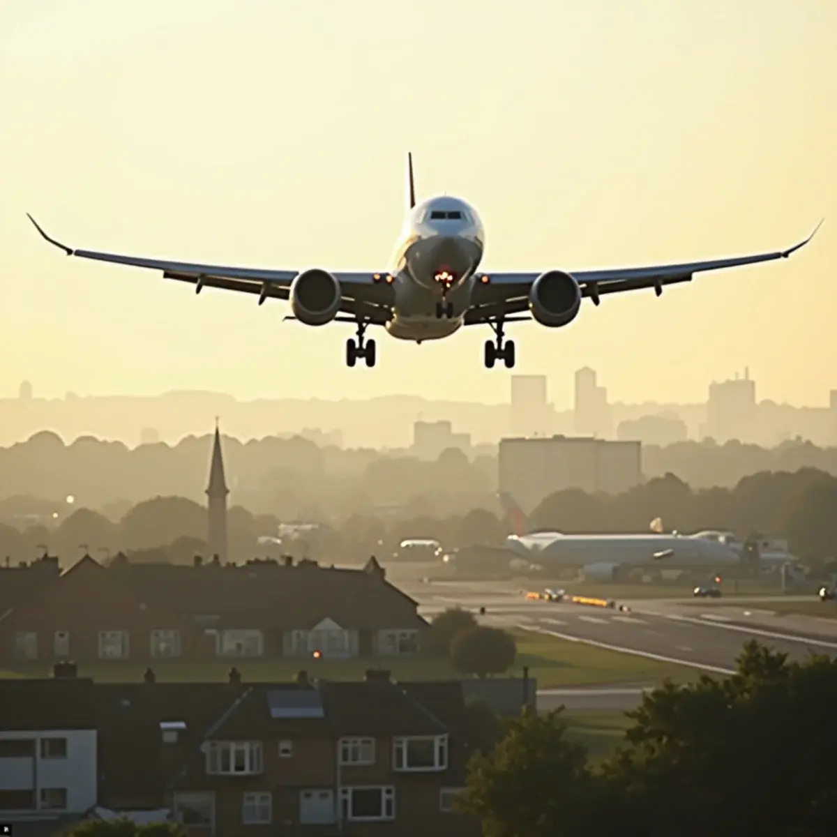 British Airways flights: a widebody jet on final approach over London suburbs in soft morning light, plain livery