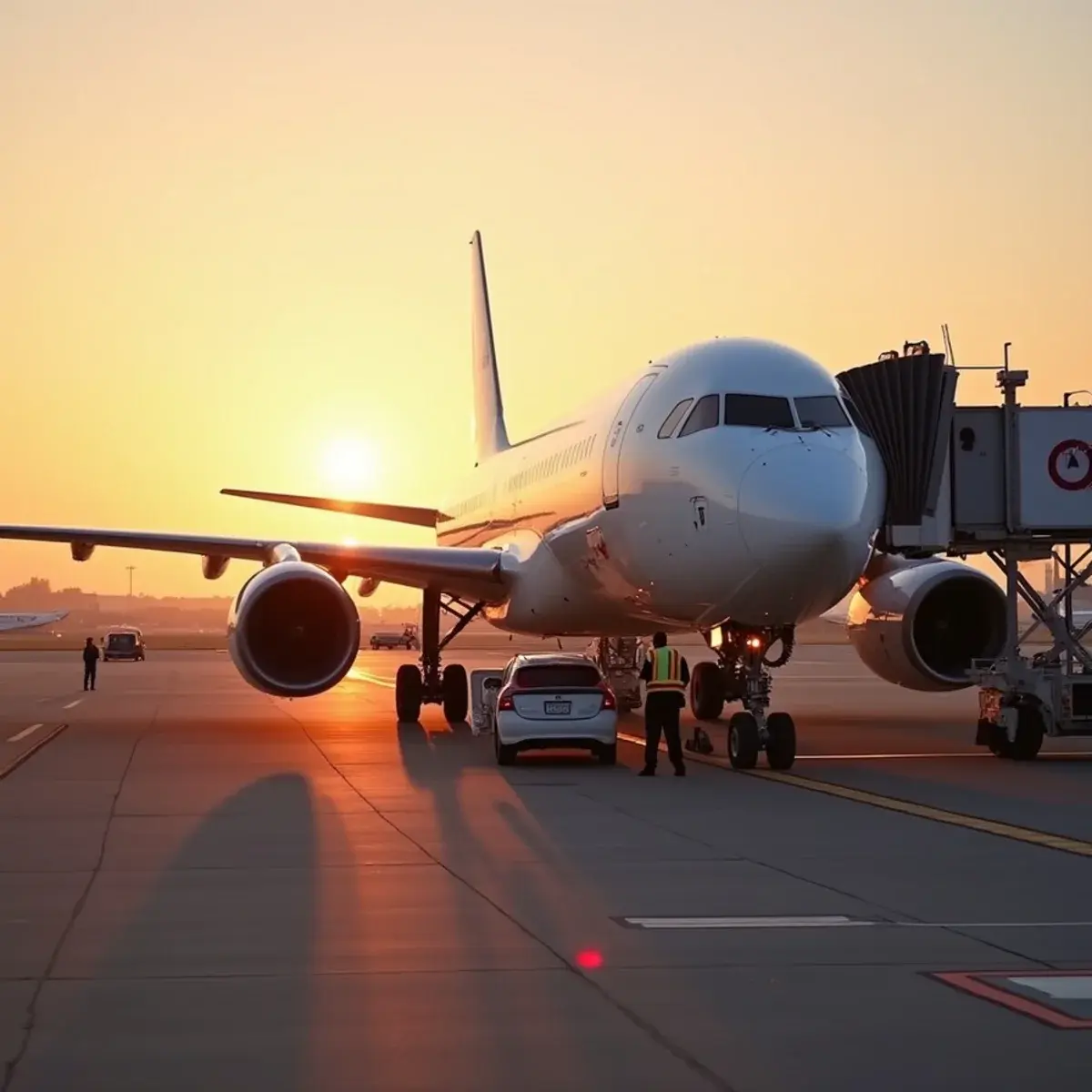 Delta Air Lines flights: a widebody jet in plain livery at an Atlanta gate at sunrise with ground crew, no logos