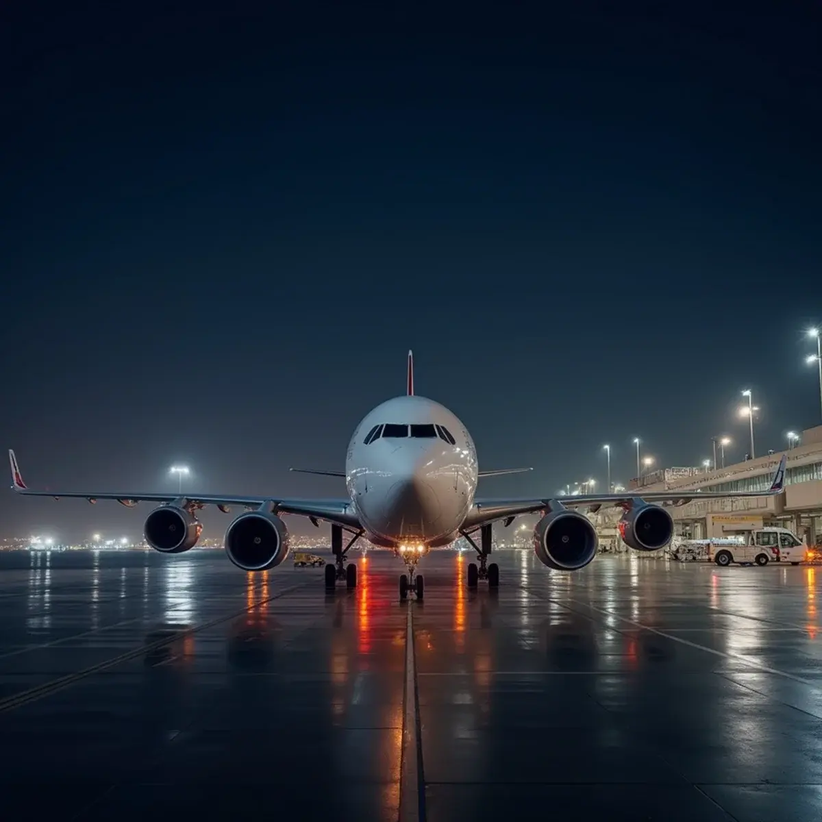 Emirates flights: a very large widebody jet at a Dubai gate at night with terminal lights, plain livery