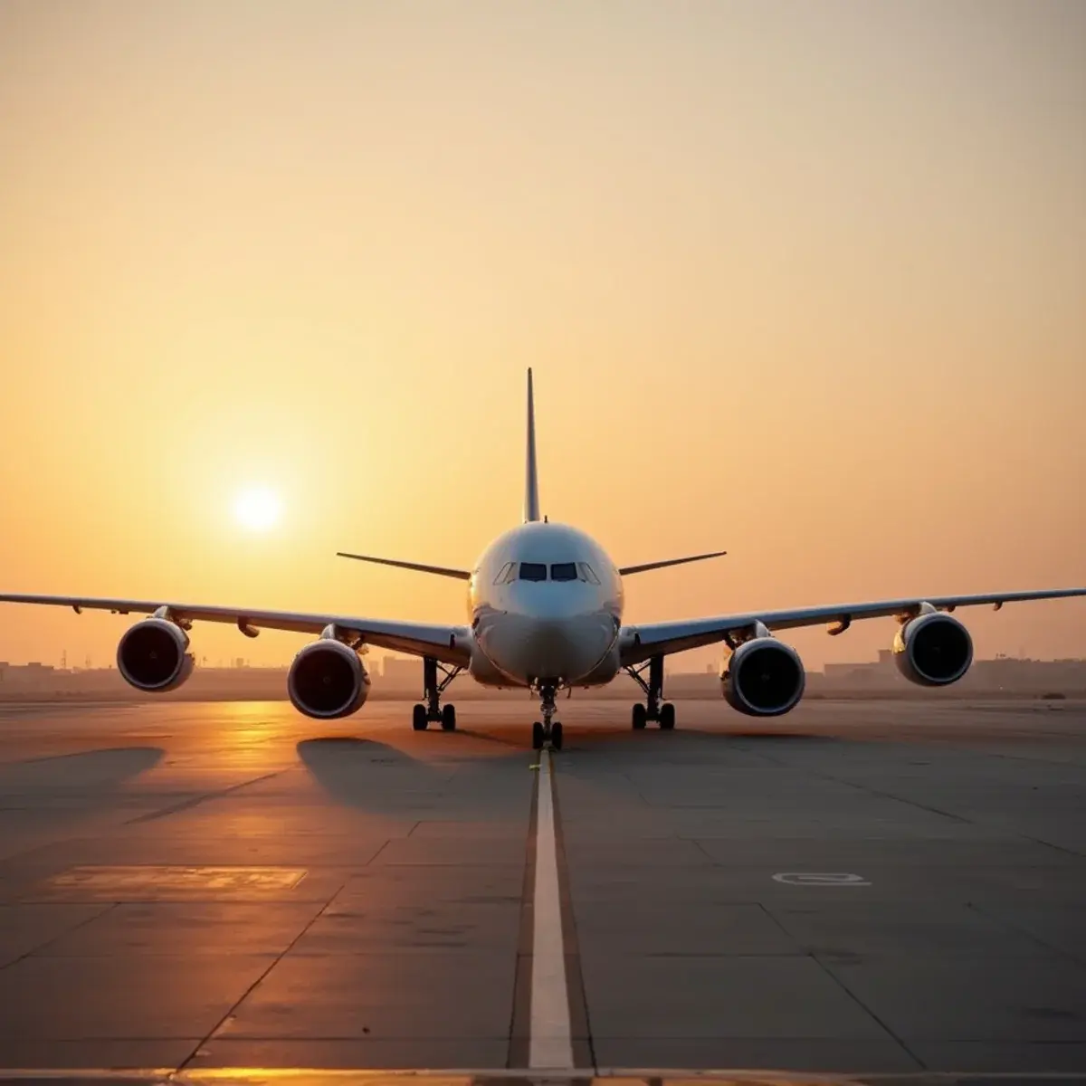 Etihad Airways flights: a widebody jet at an Abu Dhabi gate at sunset with desert haze, plain livery
